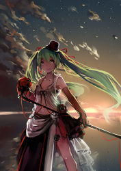 Rule 34 | 1girl, absurdres, bra, elbow gloves, gloves, green eyes, green hair, hair ribbon, hat, hatsune miku, hei yan-m82a1, highres, long hair, matching hair/eyes, microphone, microphone stand, navel, open mouth, ribbon, solo, sunrise, twintails, underwear, very long hair, vocaloid