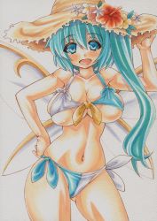 Rule 34 | 1girl, aqua hair, bikini, blue eyes, blush, breasts, cleavage, collarbone, colored pencil (medium), curvy, daiyousei, fairy wings, flower, hand on own hip, hat, hat flower, hibiscus, large breasts, long hair, looking at viewer, marker (medium), millipen (medium), multicolored bikini, multicolored clothes, navel, open mouth, side-tie bikini bottom, side ponytail, simple background, skindentation, smile, solo, straw hat, swimsuit, tan, touhou, traditional media, underboob, very long hair, white background, wings, yutakasan-love