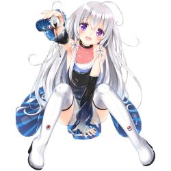 Rule 34 | ahoge, artist request, ass, bare shoulders, can, collarbone, detached sleeves, drink can, grey hair, hair between eyes, long hair, open mouth, original, pepsi, personification, purple eyes, see-through, skirt, soda, soda can, tagme, thighhighs, thighs, transparent background, white hair