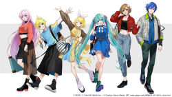 Rule 34 | 2boys, 4girls, alternate costume, ankle boots, aqua dress, aqua eyes, aqua hair, aqua nails, arm at side, arm up, arms at sides, asymmetrical clothes, asymmetrical skirt, backpack, bag, baggy clothes, baggy shorts, barcode, bare legs, belt, black bag, black belt, black footwear, black shorts, black skirt, blonde hair, blue dress, blue hair, blue nails, blue ribbon, blue shirt, boots, bow, bow hairband, breast pocket, breasts, brown bag, brown belt, brown eyes, brown hair, brown sleeves, buttons, clenched hand, collarbone, colored shoe soles, commentary request, contrapposto, crop top, cropped jacket, cropped sweater, cross-laced clothes, cross-laced dress, crypton future media, dark blue hair, denim, doily, dorsiflexion, dot nose, double vertical stripe, dress, dress shirt, dress shoes, fashion, fingernails, floating hair, full body, green eyes, green footwear, green jacket, grey background, grey pants, grin, hair between eyes, hair bow, hair ornament, hair over shoulder, hair ribbon, hairband, hairclip, hand in pocket, hand on own head, hand on own hip, hand up, hands up, hatsune miku, head tilt, height difference, high-low skirt, highres, hinatsu, holding, holding strap, holding suitcase, jacket, jeans, jewelry, kagamine len, kagamine rin, kaito (vocaloid), layered sleeves, leather bag, legs together, letterboxed, light smile, lineup, long hair, long skirt, long sleeves, looking at viewer, medium breasts, megurine luka, meiko (vocaloid), midriff, miniskirt, multiple boys, multiple girls, narrow waist, neck ribbon, necklace, official art, one eye closed, open clothes, open jacket, open mouth, pants, parted bangs, piapro, pink hair, pink ribbon, plaid, plaid jacket, pleated dress, pleated skirt, pocket, project sekai, purple eyes, raglan sleeves, red jacket, red nails, red sweater, ribbon, see-through, see-through skirt, see-through sleeves, sega, shirt, shirt tucked in, shoelaces, shoes, short hair, short over long sleeves, short sleeves, shorts, shoulder bag, side slit, simple background, skirt, sleeves past wrists, smile, sneakers, standing, standing on one leg, strap slip, striped, suitcase, sweater, swept bangs, tsurime, twintails, two-sided fabric, two-sided jacket, two-sided shorts, two-tone background, two-tone dress, very long hair, vocaloid, white background, white bag, white bow, white ribbon, white shirt, yellow belt, yellow dress, zipper, zipper pull tab
