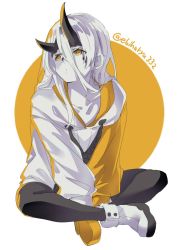 Rule 34 | 1girl, alternate costume, boots, breasts, closed mouth, ebifurya, full body, hair between eyes, heavy cruiser princess, highres, horns, kantai collection, long hair, long sleeves, pale skin, shoes, simple background, single horn, sitting, solo, white background, white hair, yellow eyes