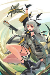 Rule 34 | 1girl, :d, animal ears, anklet, arknights, arm up, cannon, detached sleeves, full body, grey hair, highres, holding, jewelry, leaf (arknights), long hair, low-tied long hair, low ponytail, open mouth, red eyes, see-through, sima naoteng, smile, solo, thighlet, weedy (arknights), wind