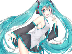 Rule 34 | 1girl, aqua eyes, aqua hair, aqua nails, aqua necktie, bad id, bad pixiv id, bare shoulders, belt, black skirt, black sleeves, black thighhighs, breasts, commentary, cowboy shot, detached sleeves, eyelashes, facial mark, grey shirt, hair ornament, hand up, hatsune miku, headphones, heart, heart tattoo, index finger raised, leaning forward, long hair, looking at viewer, miniskirt, nail polish, necktie, noneon319, open mouth, pointing, pointing at self, shirt, sideboob, skirt, sleeveless, sleeveless shirt, small breasts, smile, solo, tattoo, thighhighs, twintails, very long hair, vocaloid, white background