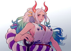 Rule 34 | 1girl, arm at side, bare arms, bare shoulders, blue hair, blush, breasts, closed mouth, curled horns, earrings, fingernails, green hair, grey hair, hair ornament, hair stick, hand on weapon, hand rest, high ponytail, horns, japanese clothes, jewelry, kataginu, large breasts, lips, long hair, looking at viewer, multicolored hair, multicolored horns, one piece, oni, orange horns, planted, red eyes, red horns, rope, shimenawa, sideboob, sidelocks, solo, upper body, very long hair, weapon, yamato (one piece), youkan (tako)