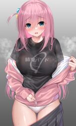 Rule 34 | 1girl, aqua eyes, black shirt, black skirt, blush, bocchi the rock!, breasts, cube hair ornament, frown, gotoh hitori, gradient background, grey background, hair between eyes, hair ornament, heavy breathing, highres, hot, jacket, large breasts, long hair, long sleeves, looking at viewer, one side up, open mouth, panties, partially unzipped, pink hair, pink jacket, print shirt, shirt, short sleeves, skirt, sleeves past wrists, solo, sweat, thighs, track jacket, underwear, wavy mouth, white panties, yunagi amane, zipper, zipper pull tab