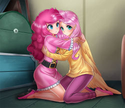Rule 34 | 2girls, blue eyes, blush, breast press, curly hair, derivative work, expressionless, eyelashes, feathered wings, fluttershy, high heels, hug, kneeling, looking at another, multiple girls, my little pony, my little pony: friendship is magic, personification, pink hair, pinkie pie, racoon-kun, sidelocks, source request, sweater, wings
