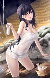 Rule 34 | 1girl, :d, absurdres, arm support, black hair, bottle, breasts, cleavage, collarbone, covered navel, fence, highres, holding, holding bottle, large breasts, leaning forward, long hair, naked towel, night, night sky, onsen, open mouth, original, outdoors, rama (yu-light8), red eyes, sake bottle, sky, smile, solo, thighs, towel, water, wet, wet hair, wet towel
