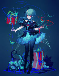 Rule 34 | 1girl, absurdres, bare shoulders, black dress, black pantyhose, blue background, bow, box, bug, butterfly, chinese commentary, commentary request, dress, full body, gift, gift box, green hair, hair bow, high heels, highres, insect, original, pantyhose, petticoat, red eyes, sheya, short hair with long locks, solo, standing