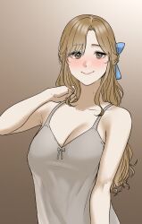 Rule 34 | 1girl, absurdres, blush, bow, braid, breasts, brown hair, camisole, cleavage, collarbone, french braid, gradient background, grey camisole, hair bow, highres, large breasts, long hair, looking at viewer, original, parted bangs, simple background, smile, sweatdrop, tantanmen72, upper body, very long hair
