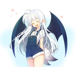 Rule 34 | 1girl, :d, arms behind back, player character (mabinogi), bad id, bad pixiv id, bag, bat wings, blue background, blue wings, blush, closed eyes, collarbone, collared shirt, cowboy shot, crop top, fang, fox tail, gradient background, head tilt, long hair, mabinogi, multiple tails, open mouth, overalls, pointy ears, shirt, short sleeves, shoulder bag, silver hair, simple background, smile, solo, standing, suspenders, tail, tp (kido 94), very long hair, white background, white shirt, wings
