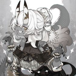 Rule 34 | 1girl, bare shoulders, black nails, colored skin, grey skin, grin, hair between eyes, highres, horns, long hair, looking at viewer, nail polish, oni horns, original, pointy ears, resolution mismatch, shiba (s hi ba ), smile, solo, source larger, tail, tail raised, thighhighs, white hair, wrist cuffs, yellow eyes