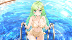 Rule 34 | 1girl, absurdres, aqua eyes, bare arms, bare shoulders, bikini, blush, breasts, cleavage, closed mouth, collarbone, commentary request, commission, cowboy shot, crescent, crescent hair ornament, gluteal fold, green hair, hair ornament, highres, large breasts, lillly, long hair, looking at viewer, navel, original, pool, pool ladder, smile, solo, star (symbol), star hair ornament, stomach, swimsuit, thigh gap, very long hair, water, wet, wet clothes, wet swimsuit, yellow bikini