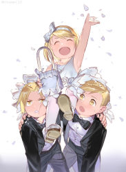 Rule 34 | 1girl, 2boys, aged down, alphonse elric, blonde hair, bow, bowtie, brothers, carrying, closed eyes, dress, edward elric, emmmerald, formal, fullmetal alchemist, hairband, happy, multiple boys, petals, short hair, siblings, sitting on shoulder, smile, suit, tuxedo, winry rockbell, yellow eyes