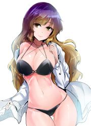 Rule 34 | 1girl, bare shoulders, bikini, black bikini, breasts, brown eyes, brown hair, collarbone, commentary request, cowboy shot, criss-cross halter, cross-laced clothes, drawstring, gluteal fold, gradient hair, groin, halterneck, hand up, head tilt, highres, hijiri byakuren, jacket, large breasts, lips, long hair, long sleeves, looking at viewer, multicolored hair, navel, off shoulder, open clothes, open jacket, purple hair, shiny skin, simple background, smile, solo, standing, stomach, swimsuit, thighs, touhou, very long hair, white background, white jacket, y2