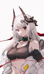 Rule 34 | 1girl, arknights, bandages, bare shoulders, black collar, breasts, chinese commentary, collar, commentary request, crop top, grey background, horns, long hair, looking at viewer, material growth, medium breasts, midriff, mudrock (arknights), mudrock (elite ii) (arknights), off shoulder, oripathy lesion (arknights), parted lips, partial commentary, pointy ears, red eyes, sarashi, silver hair, simple background, solo, sports bra, stomach, syuyu0220, upper body