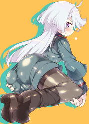 Rule 34 | 1girl, ahoge, artist request, ass, ass grab, blush, boots, cameltoe, deep skin, from behind, gundam, gundam suisei no majo, huge ass, long hair, looking at viewer, looking back, miorine rembran, pantyhose, pantyhose under shorts, purple eyes, shiny clothes, shorts, solo, very long hair, white hair