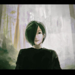 Rule 34 | 1girl, black hair, black sweater, closed mouth, forest, hair over one eye, highres, kirishima touka, looking at viewer, makko (user kvud5535), nature, one eye covered, short hair, smile, solo, sweater, tokyo ghoul, tree