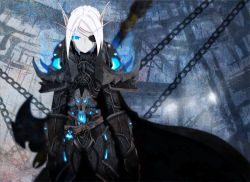 Rule 34 | 1girl, armor, auer, bad id, bad pixiv id, blue eyes, cape, chain, death knight, elf, eyepatch, highres, pale skin, pointy ears, scar, solo, warcraft, white hair, world of warcraft