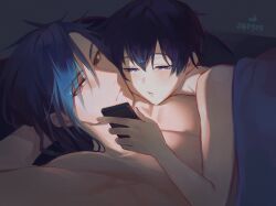 Rule 34 | 2boys, bed, black hair, blue eyes, commentary request, cuddling, dark background, eyelashes, hair between eyes, half-closed eyes, highres, holding, holding phone, kiyonagi, long hair, looking at phone, male focus, multiple boys, night, nude, original, parted lips, phone, pillow, red eyes, short hair, size difference, sleepy, under covers, yaoi