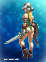 Rule 34 | 1girl, alatar (bluewizardart), alexandrian soldier, armband, armor, ass, blonde hair, breastplate, breasts, brown footwear, commentary, english commentary, final fantasy, final fantasy ix, flat ass, from behind, full body, gauntlets, green leotard, helmet, holding, holding shield, holding sword, holding weapon, kneepits, left-handed, leotard, lips, long hair, medium breasts, nose, patreon username, ribbed leotard, shield, solo, standing, straight hair, sword, thong leotard, toned, weapon