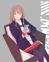 Rule 34 | 1girl, cellphone, grey background, gridman universe, highres, long hair, long sleeves, looking at viewer, minami yume, phone, saitou kengo, sitting, smartphone, solo, ssss.dynazenon