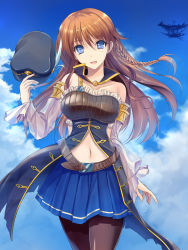 Rule 34 | 10s, 1girl, :d, aircraft, arm at side, armlet, armor, bare shoulders, belt, black hat, black pantyhose, blue eyes, blue skirt, blue sky, braid, breastplate, breasts, brown hair, cloud, cowboy shot, day, detached collar, detached sleeves, eyebrows, frills, granblue fantasy, hair between eyes, hat, hat feather, holding, holding clothes, holding hat, large breasts, lecia (granblue fantasy), long hair, looking at viewer, miniskirt, navel, open mouth, pantyhose, pleated skirt, puffy sleeves, see-through, single braid, skirt, sky, smile, solo, stomach, takepon, unworn hat, unworn headwear