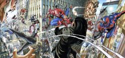 Rule 34 | 3girls, 6+boys, aircraft, airplane, battle, black hair, bodysuit, building, character request, city, cityscape, commentary, costume, crash, crossover, epic, explosion, fangs, flying, gwen stacy, helicopter, highres, hood, hooded bodysuit, hoodie, iron spider armor, jet, jumping, long hair, m/, marvel, mask, mecha, missile, mouth mask, multiple boys, multiple girls, multiple persona, murata yuusuke, official art, outdoors, panorama, reflection, robot, sabertooth (x-men), silk, silk (marvel), skyscraper, spider-gwen, spider-man, spider-man (2099), spider-man (series), spider-man noir, spider-verse, spider-verse (comics), spider-woman, spider web, sun, superhero costume, venom (marvel)