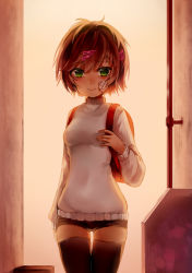 Rule 34 | 1girl, 3:, absurdres, alley, as109, backpack, bag, bandaid, bandaid on face, black shorts, black thighhighs, blush, brown hair, closed mouth, cowboy shot, day, green eyes, hair ornament, hairclip, hand up, highres, illian-san, looking at viewer, outdoors, randoseru, short hair, short shorts, shorts, shoujo to ura roji, solo, sweater, tears, thighhighs, thighs, tsurime, turtleneck, turtleneck sweater, white sweater
