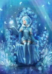 Rule 34 | 1girl, blue cape, blue eyes, blue flower, blue gloves, blue hair, blue rose, blue theme, blue thighhighs, cape, elbow gloves, flower, full body, gloves, highres, huiyuan, looking to the side, matching hair/eyes, original, reflection, rose, short hair, sitting, smile, solo, thighhighs, throne