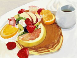 Rule 34 | coffee mug, cup, food, food focus, fruit, mug, obatti47, orange (fruit), orange slice, original, pancake, strawberry