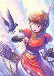 Rule 34 | 1girl, arrow (projectile), bird, blue eyes, brown hair, china dress, chinese clothes, dress, feather hair ornament, feathers, fringe trim, hair ornament, headband, highres, long hair, one eye closed, open mouth, original, pelvic curtain, quiver, red dress, shiki makoto, short sleeves, smile, solo, sword, weapon