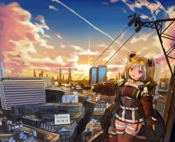 Rule 34 | 1girl, artist name, black coat, black gloves, black thighhighs, breasts, building, choker, cityscape, cloud, coat, commentary request, dated, double bun, eyewear on head, girls&#039; frontline, gloves, hair bun, hair ornament, highres, hood, hood down, hooded coat, jacket, light brown hair, looking at viewer, open mouth, outstretched arms, p90 (girls&#039; frontline), partially fingerless gloves, power lines, red eyes, scenery, sechka, short hair, sky, smile, solo, sunglasses, sunglasses on head, sunset, thigh strap, thighhighs, tinted eyewear
