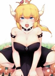 Rule 34 | 1girl, bare shoulders, black dress, blonde hair, blue eyes, bowsette, bracelet, breasts, cleavage, collar, commentary, crown, dress, horns, jewelry, kimoshi, large breasts, long hair, looking at viewer, mario (series), mushroom, new super mario bros. u deluxe, nintendo, pointy ears, ponytail, sharp teeth, solo, spiked bracelet, spiked collar, spikes, strapless, strapless dress, super crown, teeth
