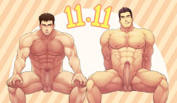 Rule 34 | 2boys, :q, abs, bara, blush, censored, completely nude, dated, erection, facial hair, feet out of frame, highres, large pectorals, looking at another, male focus, mosaic censoring, multiple boys, muscular, muscular male, navel, nipples, nude, one eye closed, original, pectorals, penis, short hair, sitting, spread legs, stomach, stubble, testicles, thick thighs, thighs, tongue, tongue out, winemvee, yaoi