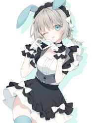 Rule 34 | 1girl, ;p, animal ears, black dress, blue eyes, blue thighhighs, bow, braid, breasts, cowboy shot, dress, drop shadow, fake animal ears, frills, gloves, grey hair, heart, heart hands, highres, looking at viewer, maid, maid headdress, one eye closed, original, rabbit ears, shadow, short sleeves, simple background, skirt, small breasts, smile, solo, thighhighs, tongue, tongue out, twin braids, white background, white bow, white gloves, yachishi orca