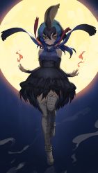 Rule 34 | 10s, 1girl, arms at sides, bare shoulders, black hair, blue hair, boots, breasts, corset, detached sleeves, full moon, guchico, hair between eyes, highres, kemono friends, long hair, medium breasts, moon, multicolored hair, red eyes, scarf, solo, southern cassowary (kemono friends), standing, thigh boots, thighhighs