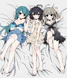 3girls ahoge an_sin araga_kiwi artist_name babydoll bare_legs barefoot black_babydoll black_eyes black_hair blonde_hair blue_hair blue_nightgown blush breasts cleavage closed_mouth commentary commentary_request grey_background heart heart_ahoge highres hiiragi_utena large_breasts long_hair looking_at_viewer lying mahou_shoujo_ni_akogarete minakami_sayo multiple_girls nightgown official_alternate_costume on_back panties red_eyes see-through_nightgown short_hair small_sweatdrop take_your_pick thong twitter_username underwear yellow_eyes