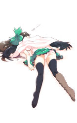 Rule 34 | 1girl, ass, bad id, bad pixiv id, bird wings, black hair, black thighhighs, bow, cape, hair bow, highres, long hair, lying, miniskirt, non (z-art), on stomach, open mouth, panties, pantyshot, reiuji utsuho, shirt, short sleeves, simple background, skirt, sleeping, solo, thighhighs, touhou, underwear, white background, white panties, wings