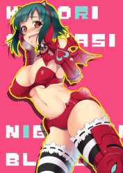 Rule 34 | 1girl, bat wings, blush, breasts, breath, choker, cleavage, demon girl, elbow gloves, gloves, green hair, hairband, hands on own cheeks, hands on own face, heart, heart-shaped pupils, idolmaster, idolmaster (classic), large breasts, mole, mole under mouth, navel, nightmare blood, open mouth, otonashi kotori, pochi (pochi-goya), red eyes, short hair, smile, solo, striped clothes, striped thighhighs, symbol-shaped pupils, thighhighs, wings