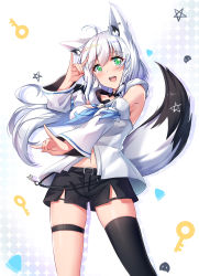 Rule 34 | 1girl, :d, ahoge, animal ear fluff, animal ears, bare shoulders, belt, belt buckle, benchen06, black shorts, black thighhighs, blue neckerchief, blush, braid, breasts, buckle, detached sleeves, double fox shadow puppet, earrings, feet out of frame, fox ears, fox girl, fox shadow puppet, fox tail, green eyes, highres, hololive, jewelry, key, long sleeves, medium breasts, navel, neckerchief, open mouth, pentagram, shirakami fubuki, shirakami fubuki (1st costume), shirt, short hair, short shorts, shorts, side braid, silver hair, single thighhigh, smile, solo, standing, star (symbol), tail, thigh strap, thighhighs, upskirt, virtual youtuber, white background, white shirt