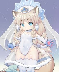 Rule 34 | 1girl, :3, animal ears, artist name, bare shoulders, bow, braid, bridal veil, covered navel, cowboy shot, detached sleeves, dot nose, elbow gloves, fairy tail-rochka, fewer digits, fur trim, furry, furry female, gloves, gradient background, highleg, highleg leotard, highres, leotard, light brown hair, long hair, looking at viewer, open hands, outstretched arms, parted lips, racal ra, sleeveless, solo, tail, thick eyebrows, thick thighs, thighhighs, thighs, twin braids, twitter username, veil, yu-gi-oh!