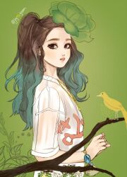 Rule 34 | 1girl, bird, bracelet, brown eyes, brown hair, commentary request, green background, green hair, jewelry, joy96green, joy (red velvet), korean commentary, looking to the side, multicolored hair, necklace, profile, red velvet (group), shirt, simple background, solo, twintails, two-tone hair, upper body, white shirt