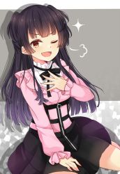 Rule 34 | 1girl, ;d, amidada, black hair, black skirt, blush, breasts, brown eyes, commentary request, grey background, hand up, highres, idolmaster, idolmaster shiny colors, long hair, long sleeves, mayuzumi fuyuko, one eye closed, open mouth, pink shirt, puffy long sleeves, puffy sleeves, shirt, sitting, skirt, sleeves past wrists, small breasts, smile, smug, solo, sparkle, two-tone background, two side up, v-shaped eyebrows, very long hair, white background