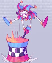 Rule 34 | 1girl, absurdres, black hair, blush, clenched teeth, hammer, hat, highres, holding, holding hammer, holding weapon, huge weapon, jester, jester cap, jester costume, multicolored eyes, pomni (the amazing digital circus), starberryjam, teeth, the amazing digital circus, twitter username, weapon