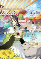 Rule 34 | 1boy, 1girl, :d, animal, autumn leaves, black cat, black hair, blue sky, blush, bow, brown eyes, bug, building, cat, closed eyes, cloud, cloudy sky, commentary request, copyright notice, day, dog, dress, flower, green bow, hair between eyes, highres, holding, japanese clothes, kimono, kitada mo, long sleeves, looking at viewer, official art, onsen, open mouth, original, outdoors, partially submerged, pleated dress, sitting, sky, slime (creature), smile, soaking feet, sparkle, spider, standing, steam, striped, striped bow, teeth, tongue, tongue out, towel, towel on head, tower, translation request, tree, upper teeth only, watermark, white cat, white dress, white kimono, wide sleeves, yellow flower