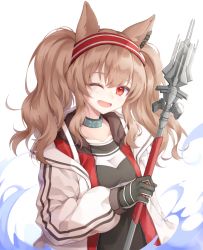 Rule 34 | 1girl, ;d, angelina (arknights), animal ears, arknights, aura, black choker, black gloves, black shirt, blush, brown hair, choker, commentary, fox ears, gloves, hair between eyes, hairband, holding, holding staff, jacket, long hair, long sleeves, looking at viewer, one eye closed, open clothes, open jacket, open mouth, pong (vndn124), red eyes, red hairband, shirt, simple background, smile, solo, staff, twintails, upper body, white background, white jacket