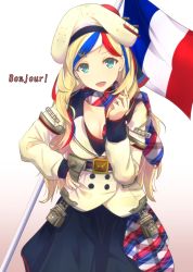 Rule 34 | 10s, 1girl, aqua eyes, beret, blonde hair, blue hair, breasts, cleavage, commandant teste (kancolle), cuon (kuon), france, french flag, french text, gradient background, hand on own hip, hat, kantai collection, long hair, looking at viewer, multicolored clothes, multicolored hair, multicolored scarf, red hair, scarf, solo, white hair