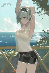 Rule 34 | 1girl, armpits, blouse, blue hair, breasts, casual, cloud, contemporary, da (datako), day, dolphin shorts, eula (genshin impact), genshin impact, grass, highres, large breasts, nipples, ocean, outdoors, see-through, see-through shirt, shirt, short hair, shorts, signature, solo, standing, stretching, sunlight, sweat, tank top, tree, white shirt, yellow eyes