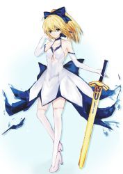 Rule 34 | 1girl, ahoge, artoria pendragon (all), artoria pendragon (fate), bare shoulders, blonde hair, blue bow, bow, breasts, collarbone, commentary request, dress, elbow gloves, fate/grand order, fate (series), full body, fyy (fyy8494), gloves, green eyes, hair bow, hair ornament, long hair, looking at viewer, ponytail, ribbon, saber (fate), saber (pure night dress) (fate), saber lily, simple background, sleeveless, sleeveless dress, small breasts, solo, sword, thighhighs, two-tone dress, weapon, white background, white dress, white gloves, white thighhighs