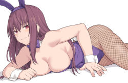 Rule 34 | 1girl, animal ears, blush, breasts, cleavage, covered navel, detached collar, fake animal ears, fate/grand order, fate (series), fishnet pantyhose, fishnets, hair between eyes, highleg, highleg leotard, large breasts, leotard, long hair, looking at viewer, lying, official alternate costume, on stomach, pantyhose, playboy bunny, purple hair, purple leotard, rabbit ears, red eyes, scathach (fate), scathach (piercing bunny) (fate), shiseki hirame, simple background, smile, smug, thighs, white background, wrist cuffs